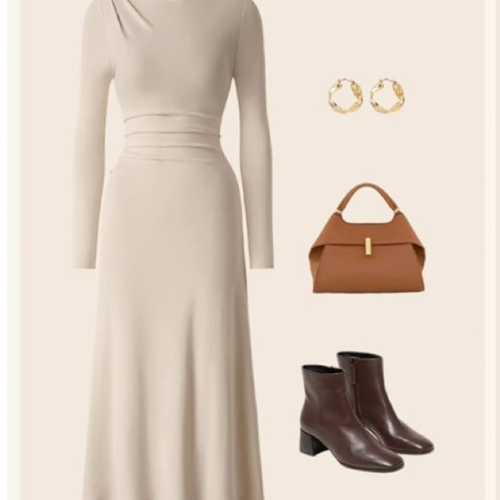 OGL Elegant Cream Long Sleeve Dress Warm New Beige